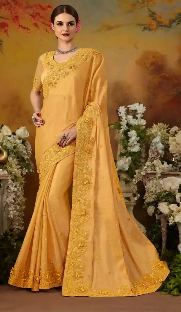 Magnificient Yellow Color Pure Silk Designer Party Wear Saree Blouse -729090255