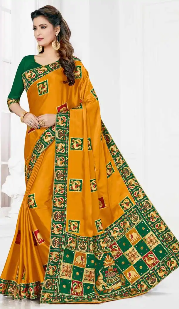 Mesmerizing Musterd Color Satin Silk Designer Party Wear Saree Blouse -729690376