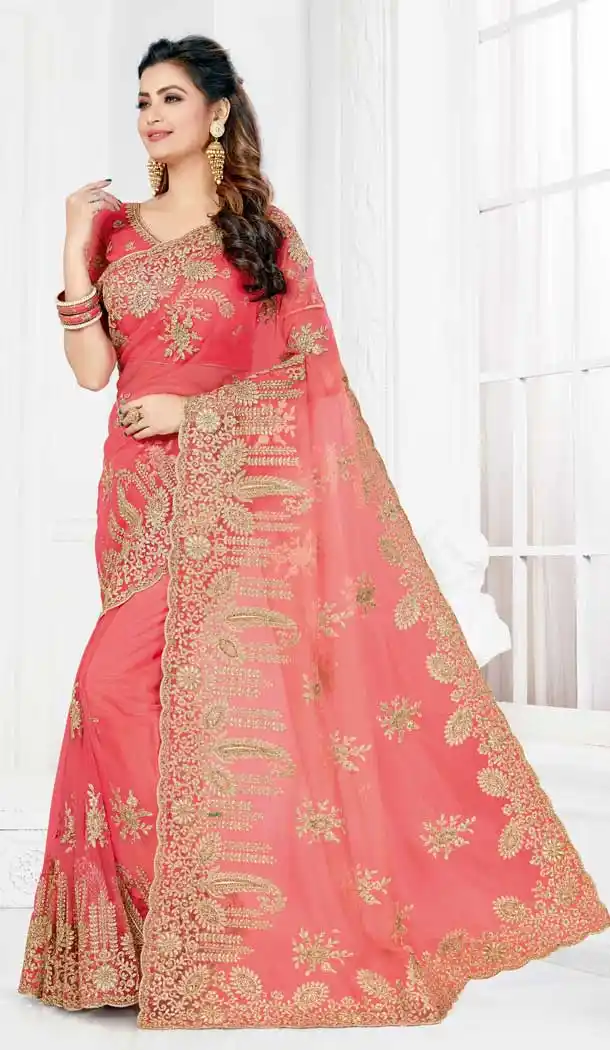 Gajari Pink Color Net Designer Party Wear Saree Blouse -729690377