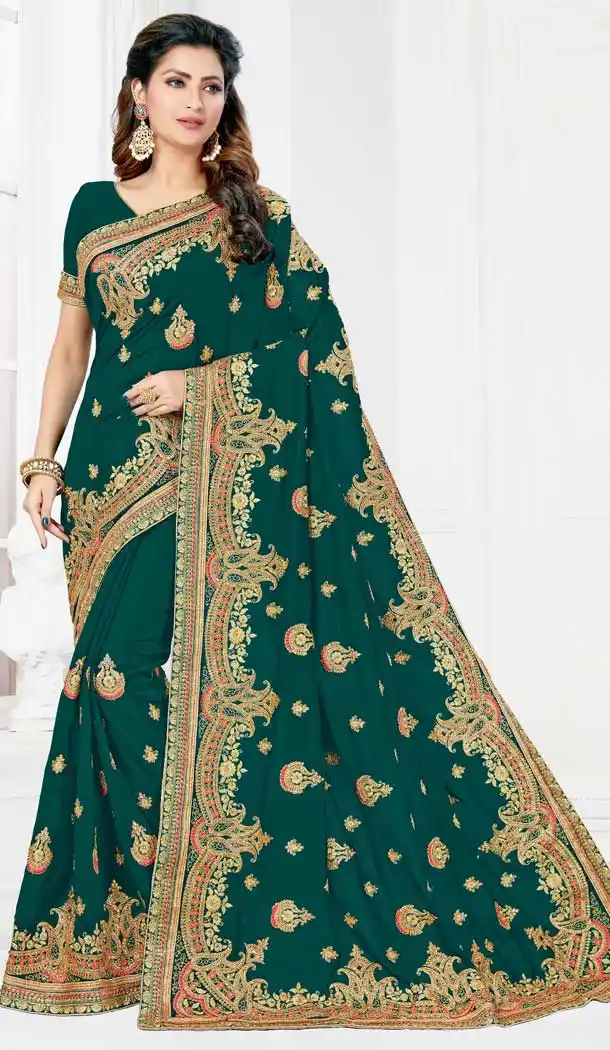 Forest Green Color Vichitra Silk Designer Party Wear Saree Blouse -729690378