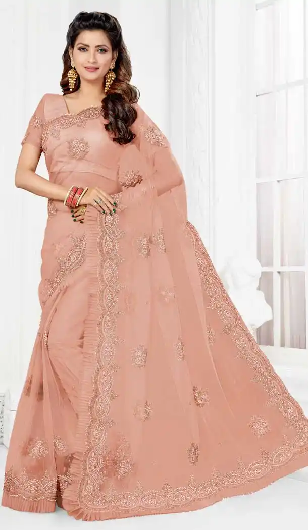 Contemporary Baby Pink Color Net Designer Party Wear Saree Blouse -729690379