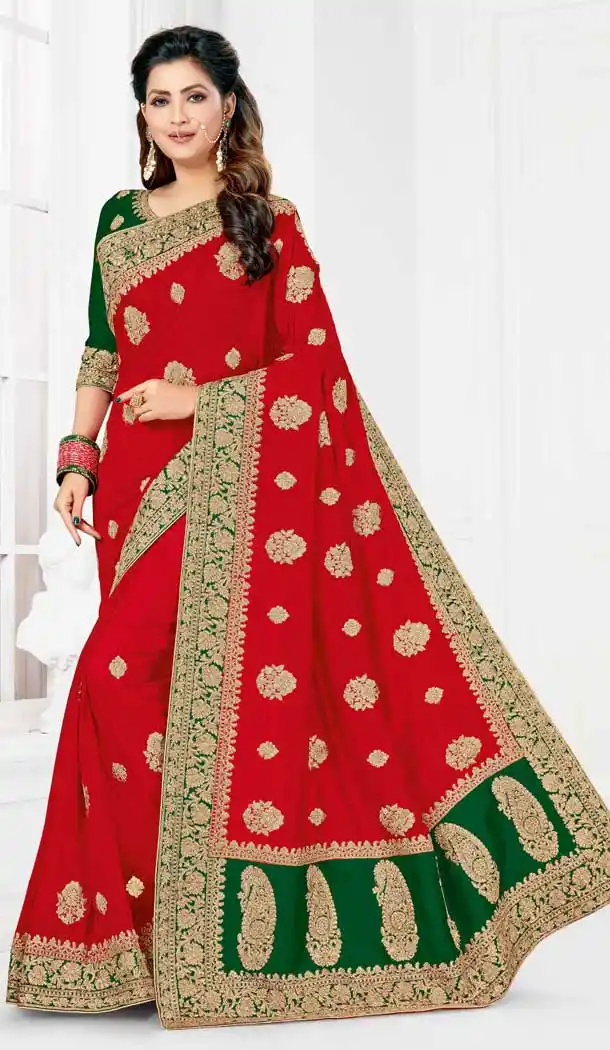 Alluring Red Color Vichitra Silk Designer Party Wear Saree Blouse -729690386