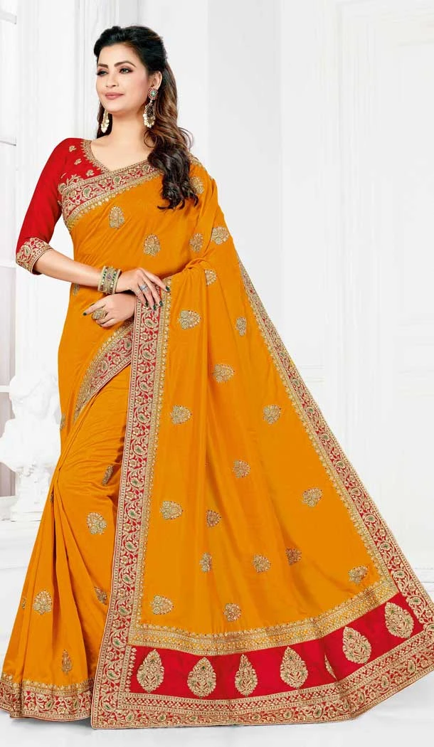 Enigmatic Yellow Color Vichitra Silk Designer Party Wear Saree Blouse -729690388