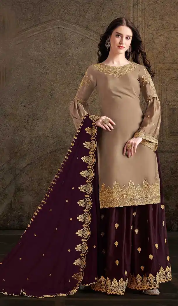 Beige Color Soft Satin Designer Pakistani Style Party Wear Palazzo Suit -729890399