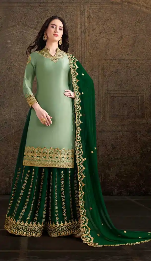 Pista Green Color Soft Satin Designer Pakistani Style Party Wear Palazzo Suit -729890400