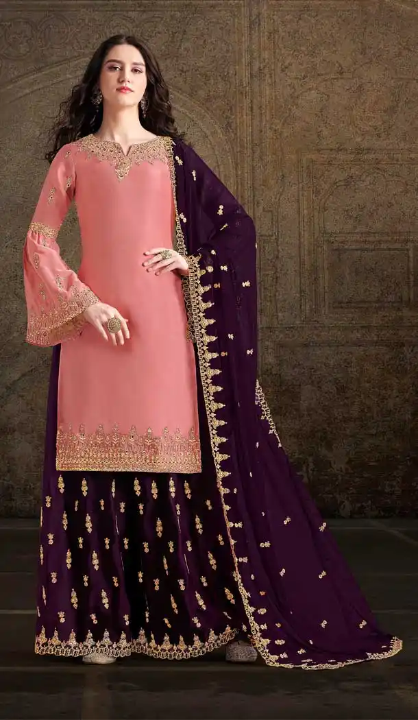 Peach Color Soft Satin Designer Pakistani Style Party Wear Palazzo Suit -729890404