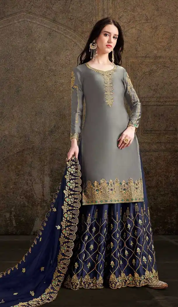 Grey Color Soft Satin Designer Pakistani Style Party Wear Palazzo Suit -729890405