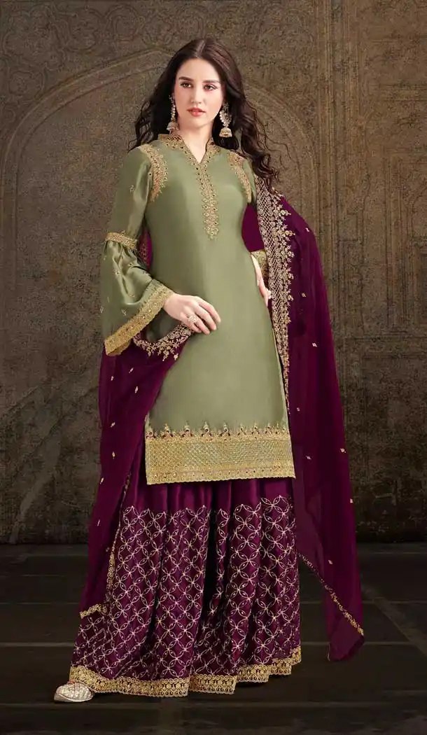 Olive Color Soft Satin Designer Pakistani Style Party Wear Palazzo Suit -729890406