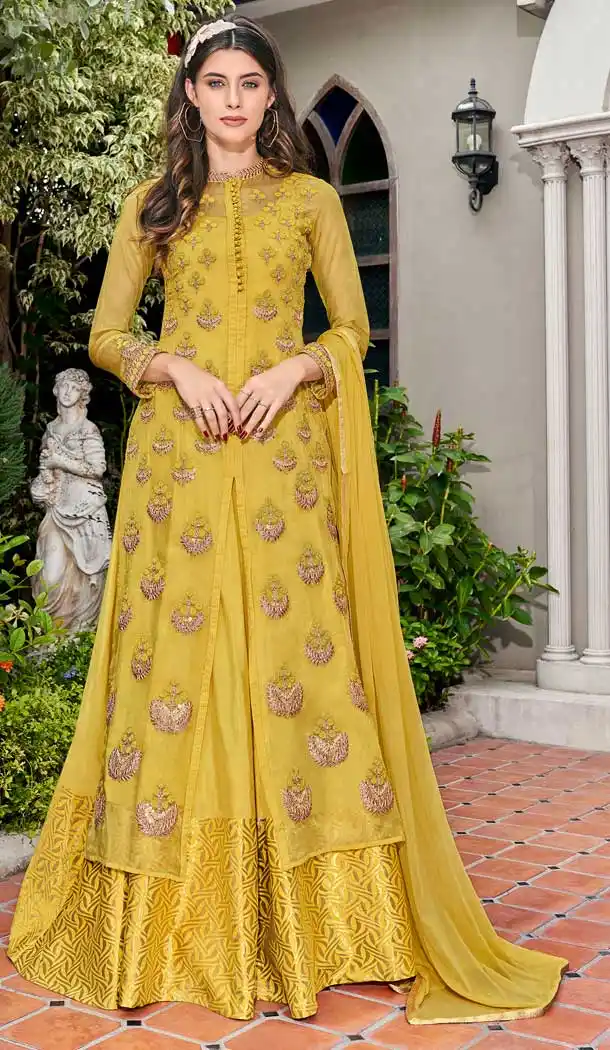 Yellow Colour Glass Tissue Latest Designer Party Wear Gown Suit -730090413
