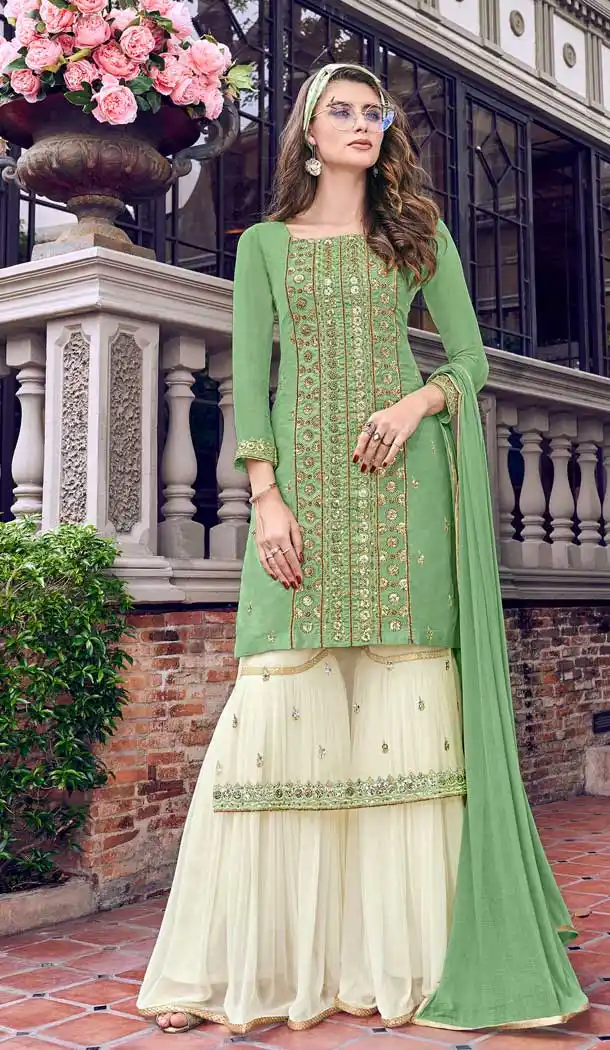 Sea Green Colour Tussar Satin Designer Party Wear Sharara Suit -730090414
