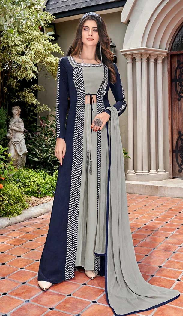 Blue Grey Colour 70 Gram Crepe Designer Party Wear Indo Weastern Suit -730090415
