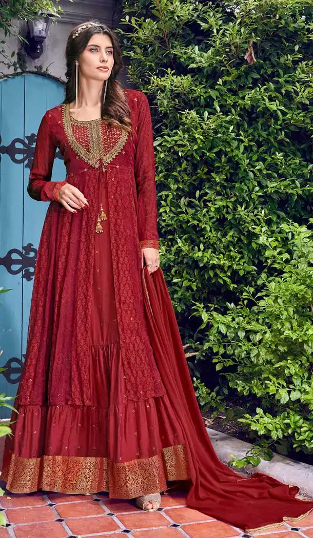 Red Colour Digital Print Chiffon Designer Party Wear Indo Weastern Suit -730090416