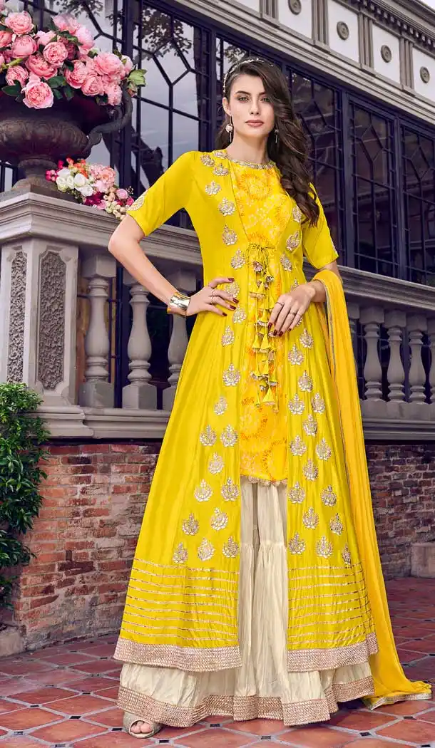 Yellow Colour Tussar Satin Designer Party Wear Sharara Suit -730090417