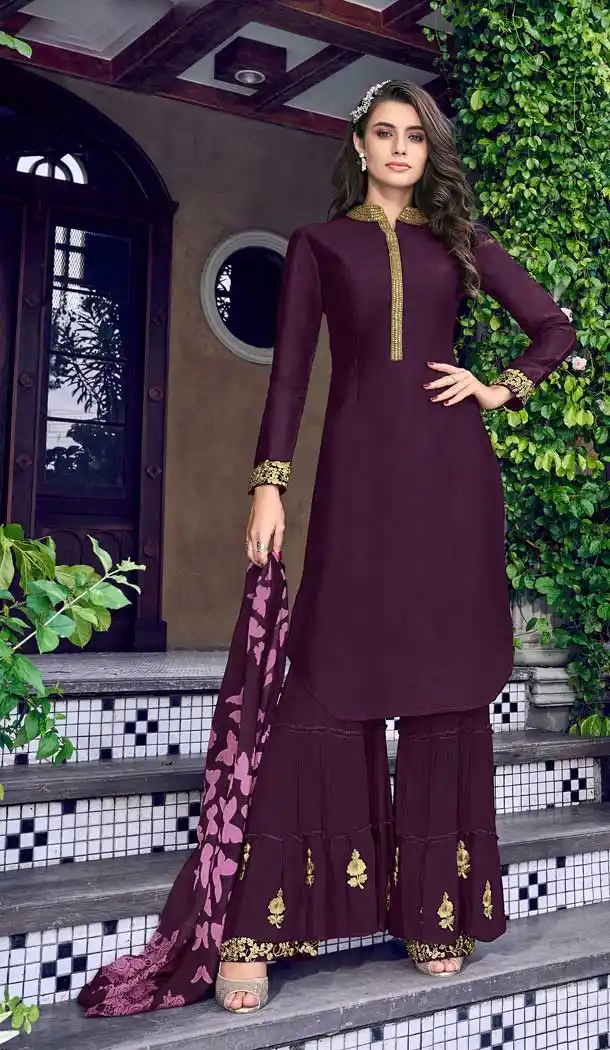 Violet Colour Russian Silk Designer Party Wear Sharara Suit -730090420
