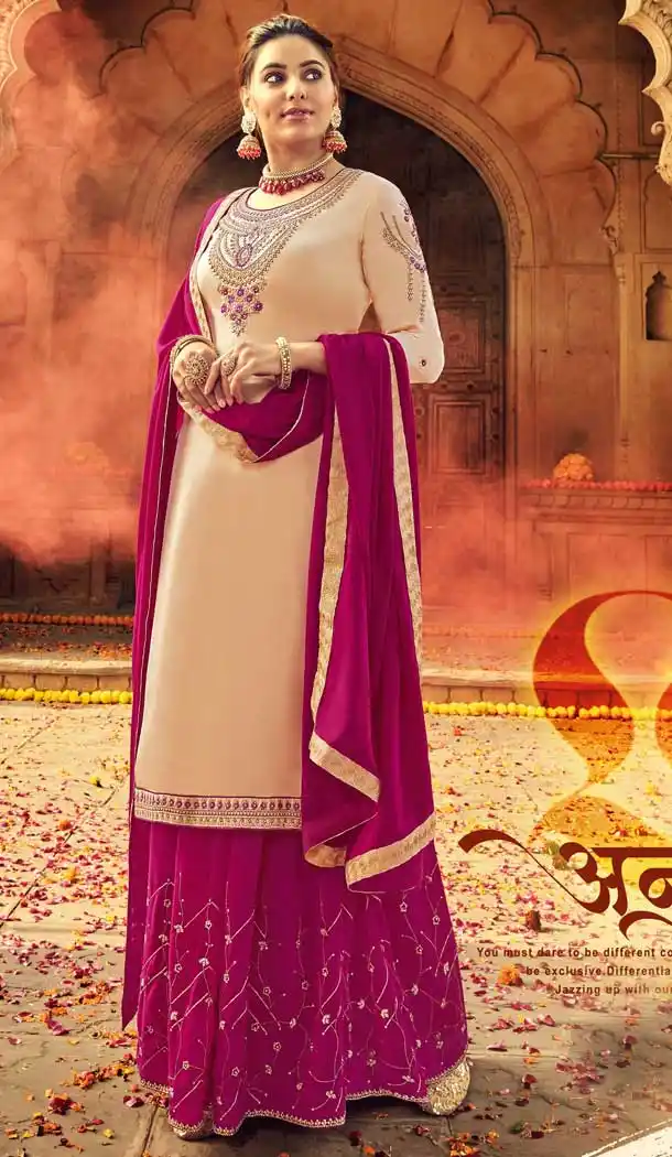 Cream Color Pure Satin Georgette Designer Party Wear Lehenga Suit -730890475