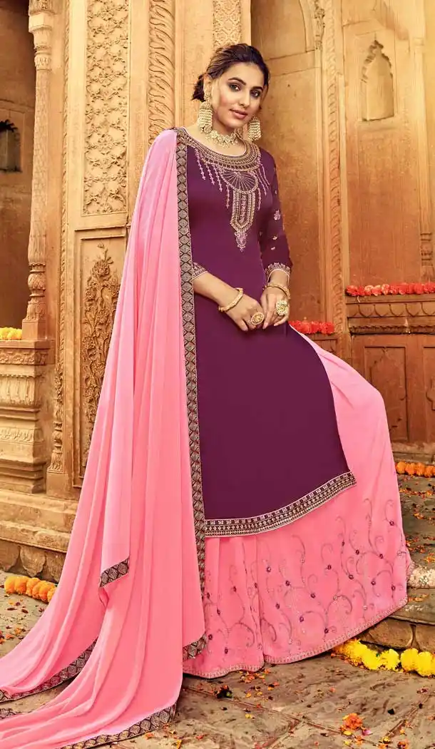 Violet Color Pure Satin Georgette Designer Party Wear Lehenga Suit -730890477