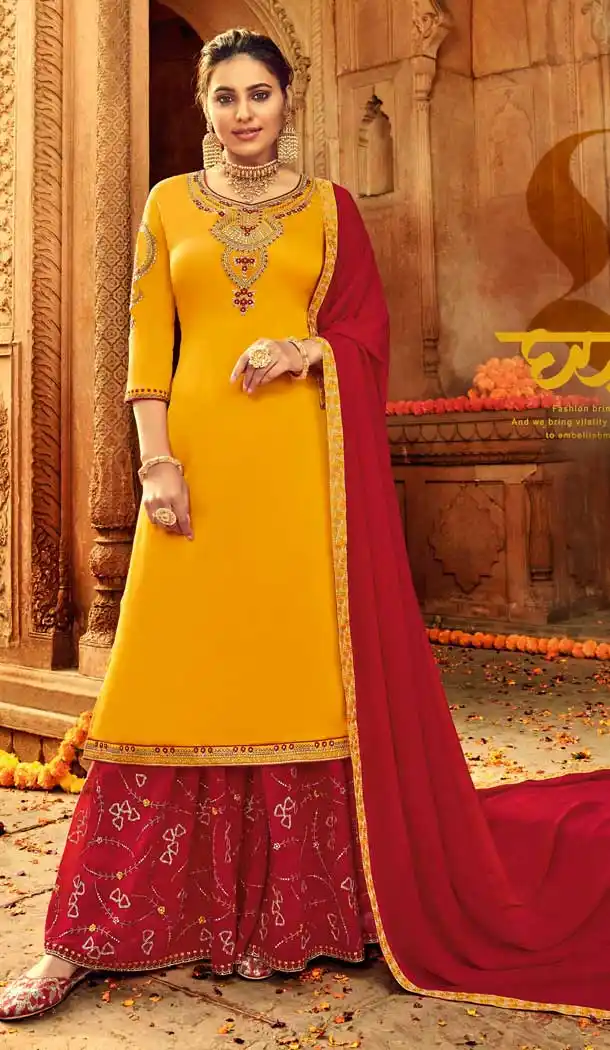 Yellow Colour Pure Satin Georgette Designer Party Wear Lehenga Suit -730890478