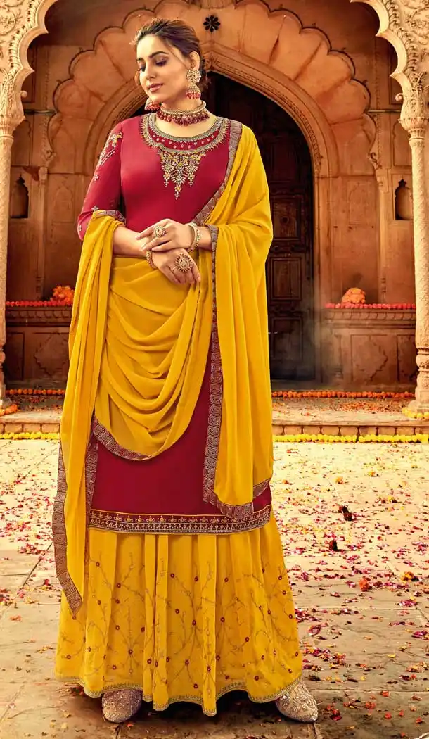Red Colour Pure Satin Georgette Designer Party Wear Lehenga Suit -730890480