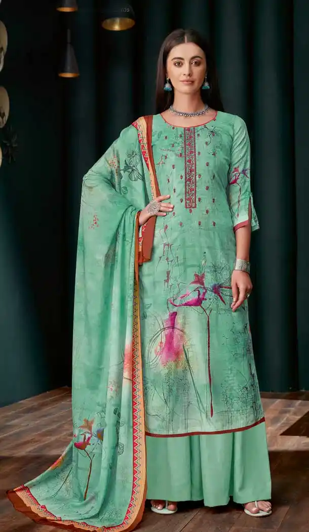 Sea Green Colour Pure Zam Slub Casual Party Wear Palazzo Salwar Suit -730990481