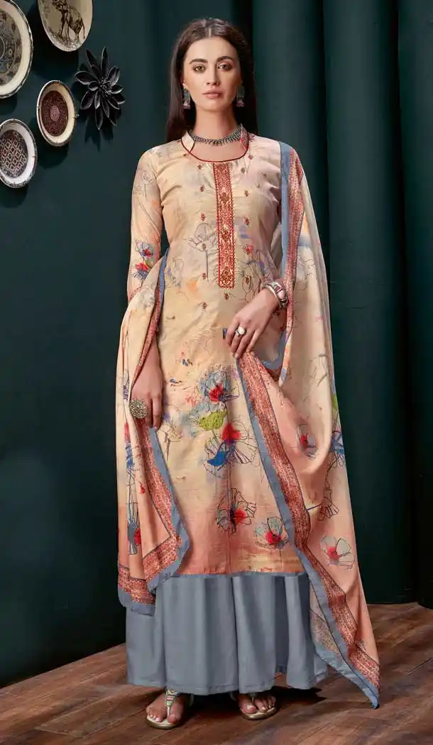 Cream Colour Pure Zam Slub Casual Party Wear Palazzo Salwar Suit -730990482