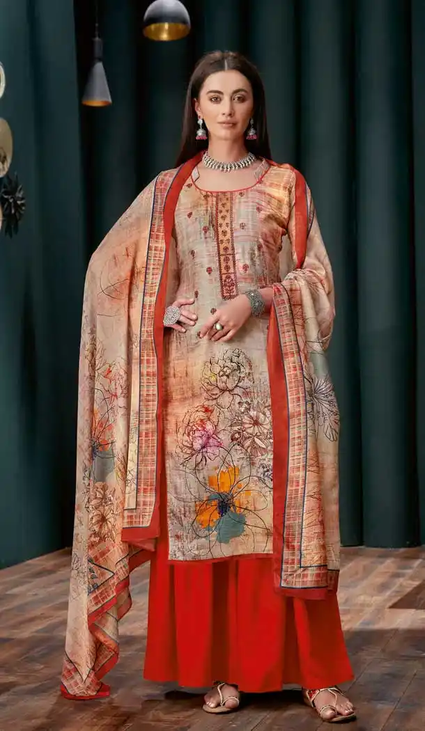 Multi Colour Pure Zam Slub Casual Party Wear Palazzo Salwar Suit -730990485