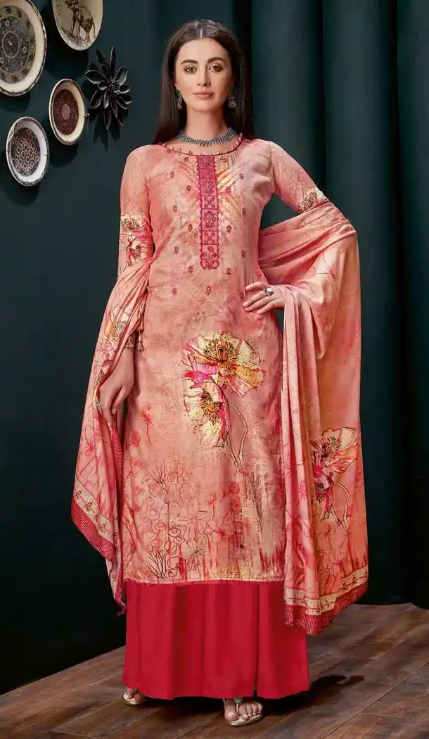 Peach Colour Pure Zam Slub Casual Party Wear Palazzo Salwar Suit -730990488