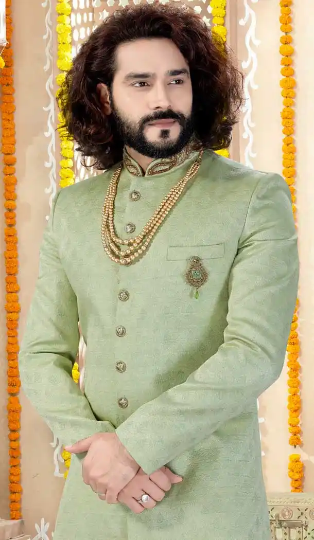 Pista Green Color Jacquard Designer Indo Western Readymade Sherwani -731890606