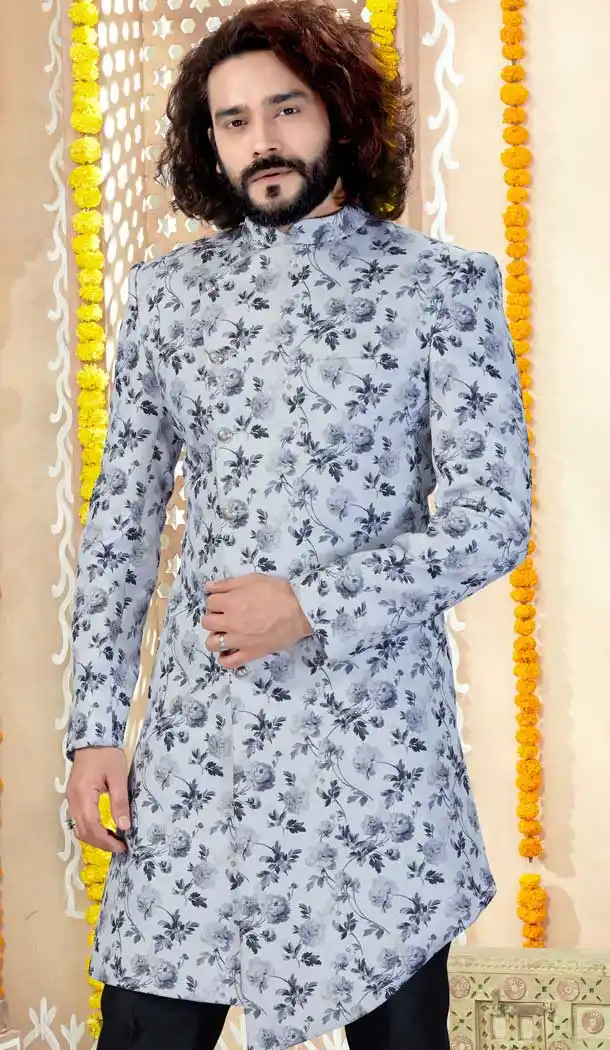 Grey Color Printed Silk Designer Indo Western Readymade Sherwani -731890608
