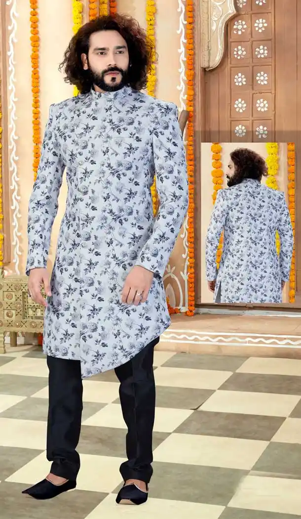 Grey Color Printed Silk Designer Indo Western Readymade Sherwani -731890608