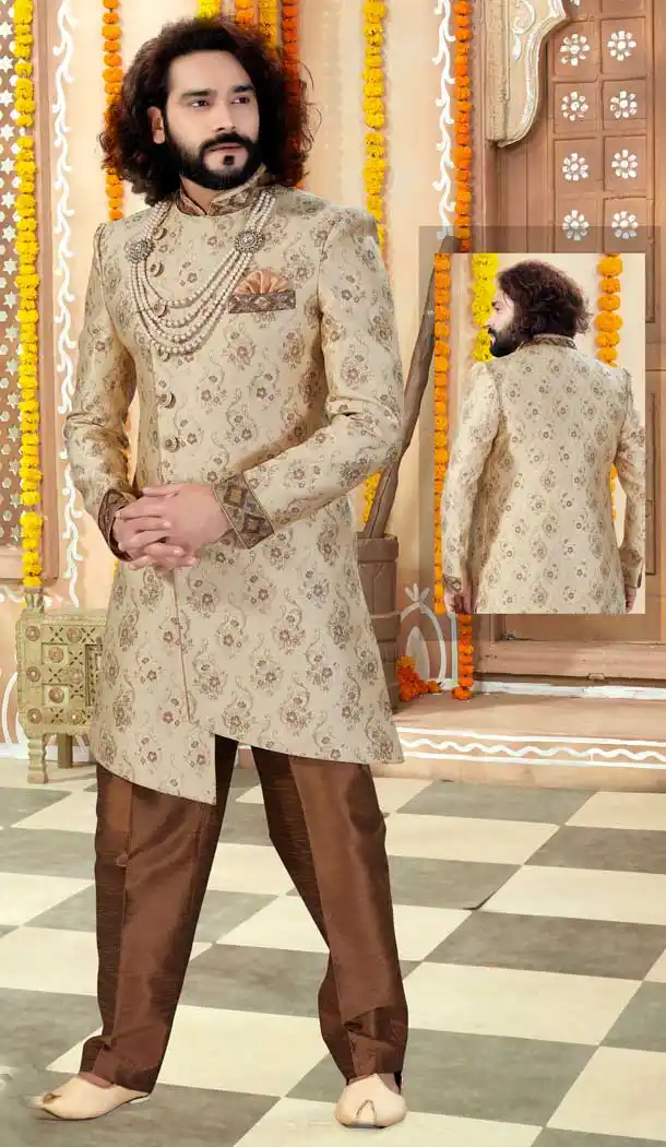 Gold Color Banarasi Silk Designer Indo Western Readymade Sherwani -731890609