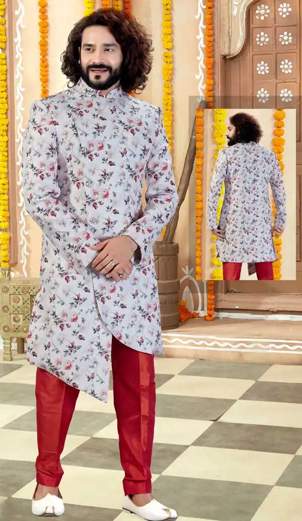 Off White Color Printed Silk Designer Indo Western Readymade Sherwani -731890611