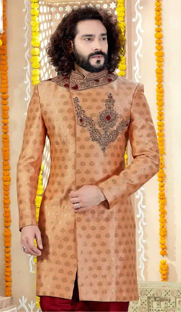 readymade peach layered indo western sherwani in jacquard fabric