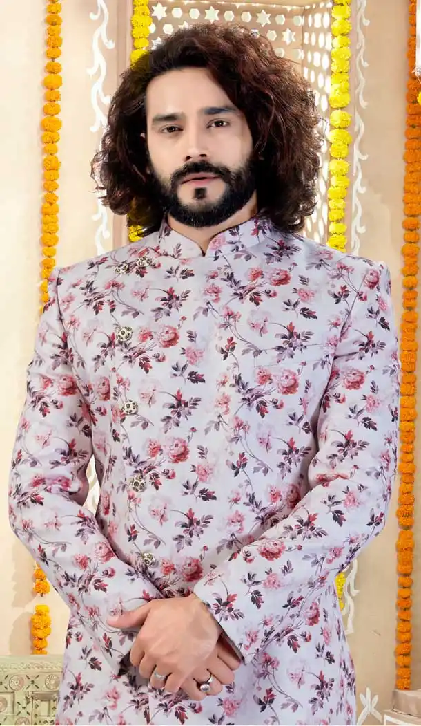 Off White Color Printed Silk Designer Indo Western Readymade Sherwani -731890613