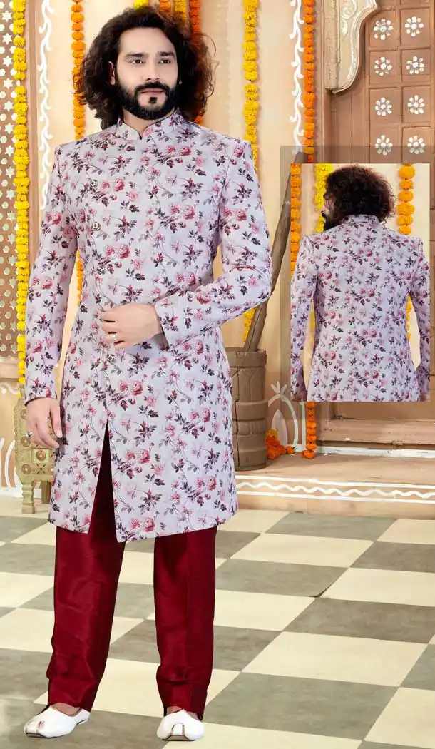 Off White Color Printed Silk Designer Indo Western Readymade Sherwani -731890613