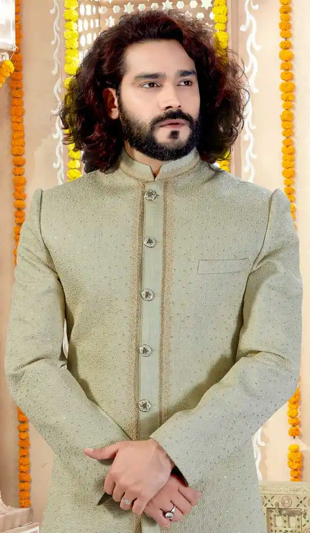 Gorgeous Pista Color Silk Designer Indo Western Readymade Sherwani -731890614