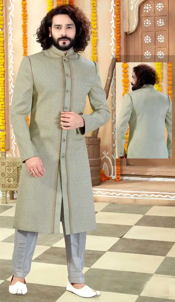 Gorgeous Pista Color Silk Designer Indo Western Readymade Sherwani -731890614