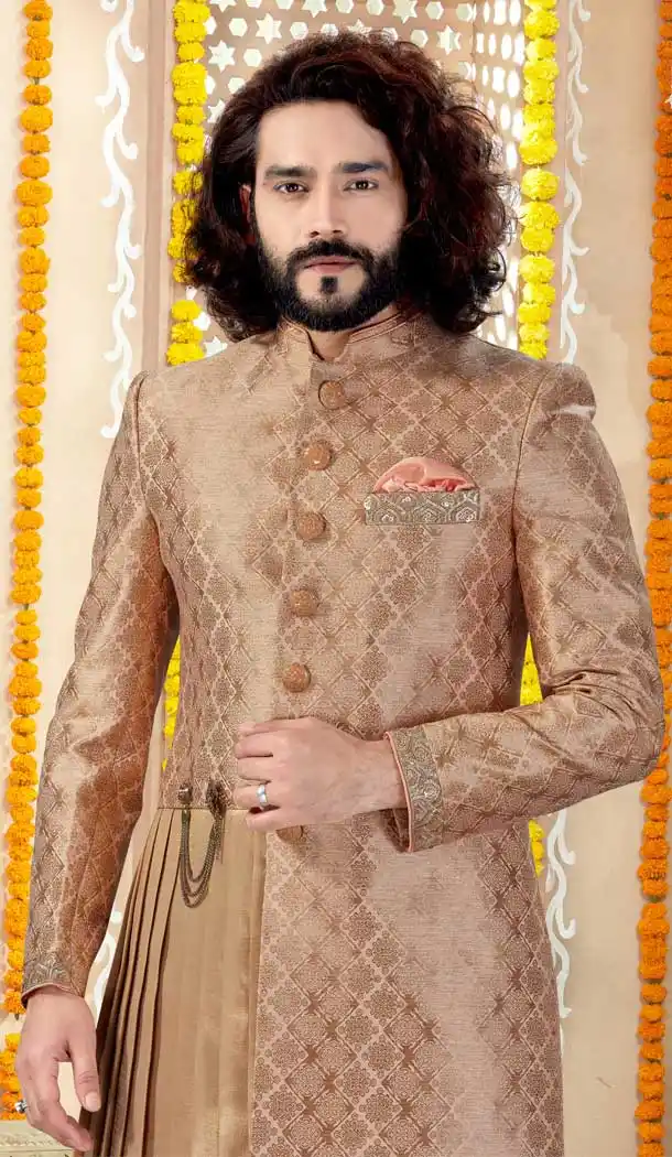 Brown Color Banarasi Silk Designer Indo Western Readymade Sherwani -731890615
