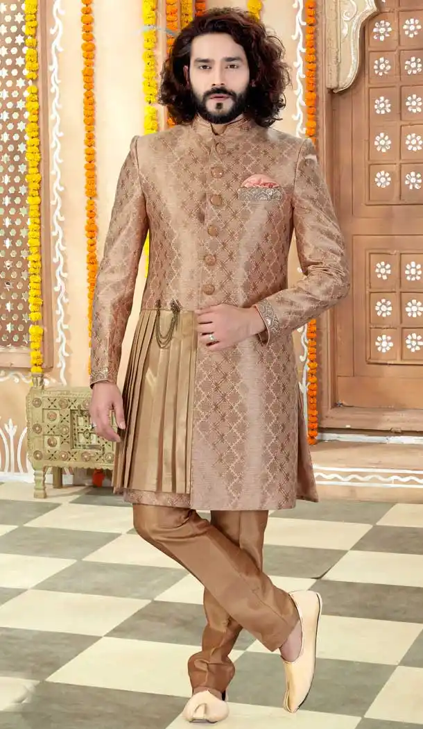 Brown Color Banarasi Silk Designer Indo Western Readymade Sherwani -731890615