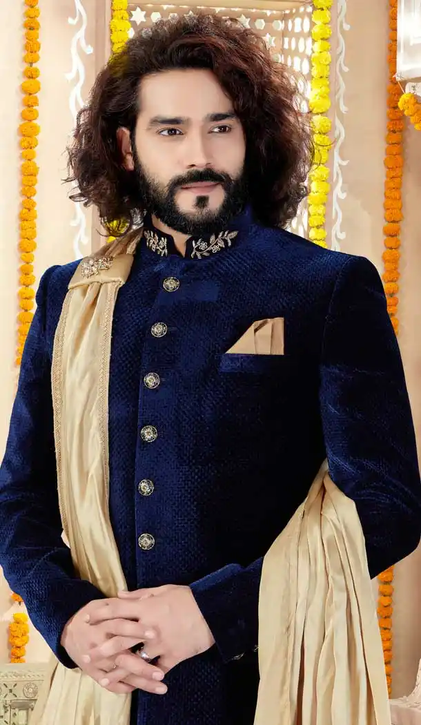 Navy Blue Color Velvet Designer Indo Western Readymade Sherwani -731890617