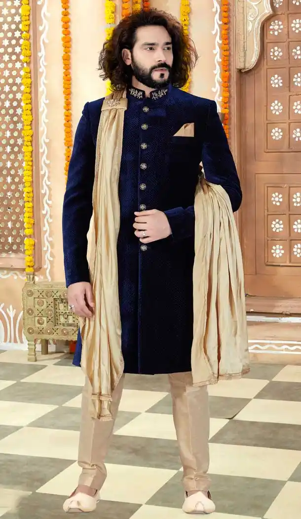 Navy Blue Color Velvet Designer Indo Western Readymade Sherwani -731890617