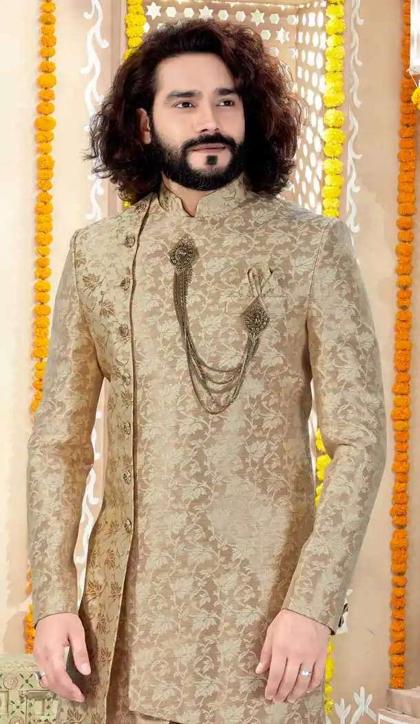Gold Color Banarasi Jacquard Designer Indo Western Readymade Sherwani -731890619