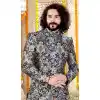 blue printed silk groom indo western sherwani