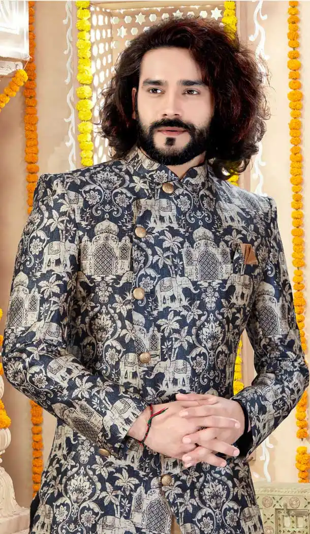 Blue Color Printed Silk Designer Indo Western Readymade Sherwani -731890620