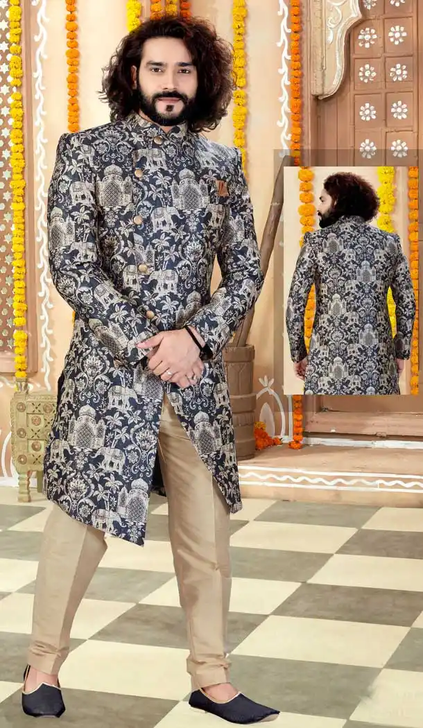 Blue Color Printed Silk Designer Indo Western Readymade Sherwani -731890620