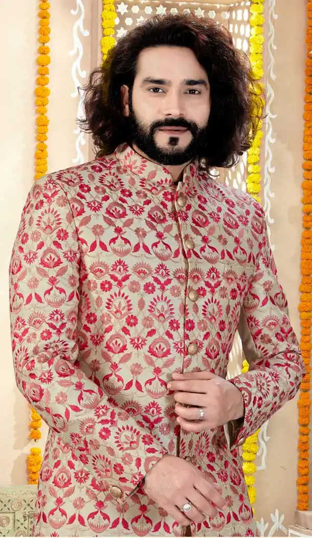 Gorgeous Gold Color Art Silk Designer Indo Western Readymade Sherwani -731890621