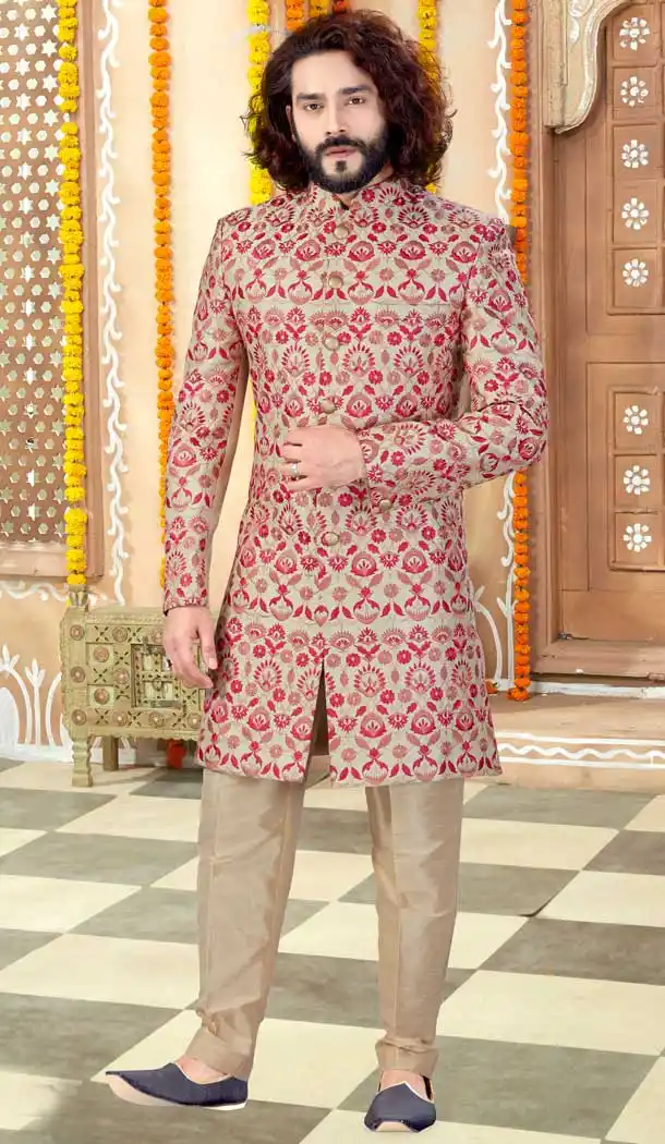 Gorgeous Gold Color Art Silk Designer Indo Western Readymade Sherwani -731890621