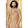 gold readymade indo western sherwani in banarasi jaquard fabric