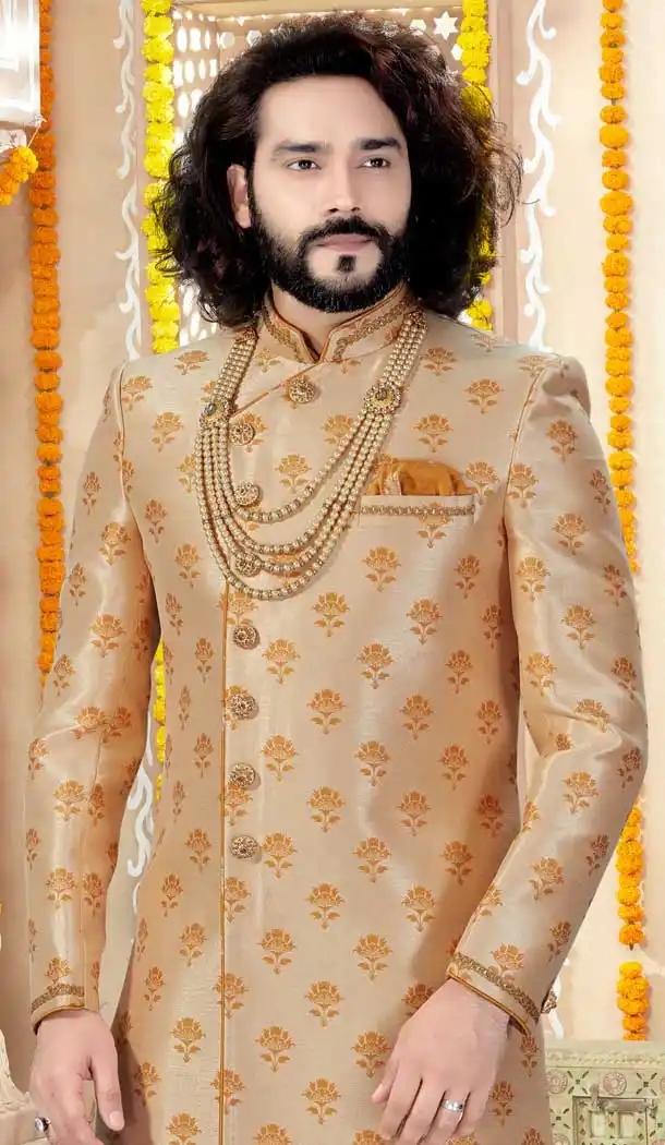 Gold Color Banarasi Jacquard Designer Indo Western Readymade Sherwani -731890622