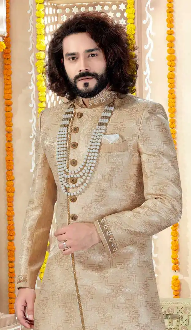 Exquisite Gold Color Banarasi Jacquard Designer Indo Western Readymade Sherwani -731890624