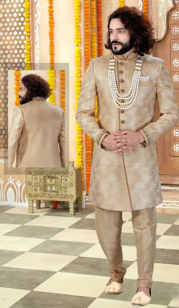 Exquisite Gold Color Banarasi Jacquard Designer Indo Western Readymade Sherwani -731890624